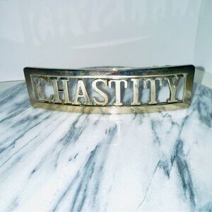 Vintage Chrome Chastity Belt Buckle 7 Inch Spell Out Name Plate,  Funny